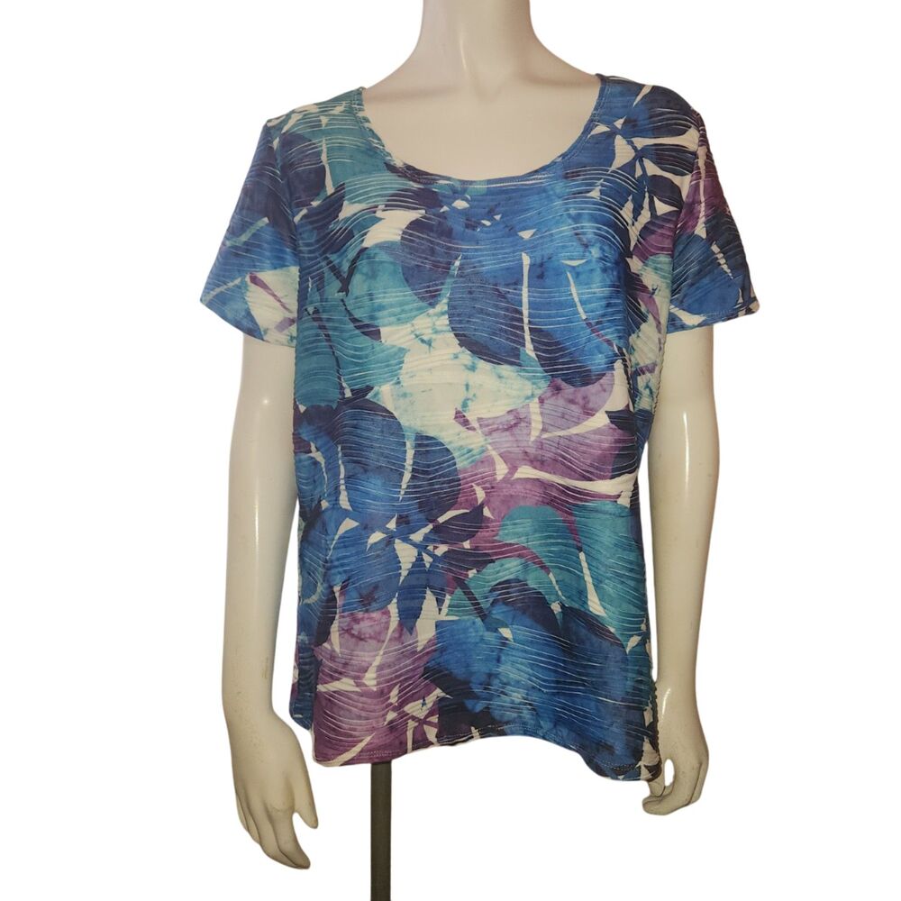LAURA SCOTT Scoop Neck Blouse Blue Purple White Floral Pattern Womens Size Large